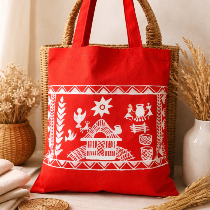Tanaya Lal Mati Hand Painted Warli Tote Bag
