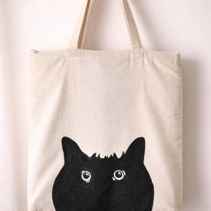 Tanaya Midnight Meow Hand-Painted Canvas Tote Bag