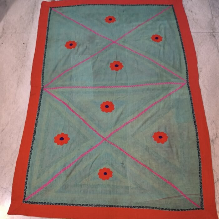 Handmade Nakshi Kantha Quilt with Red Flower Design